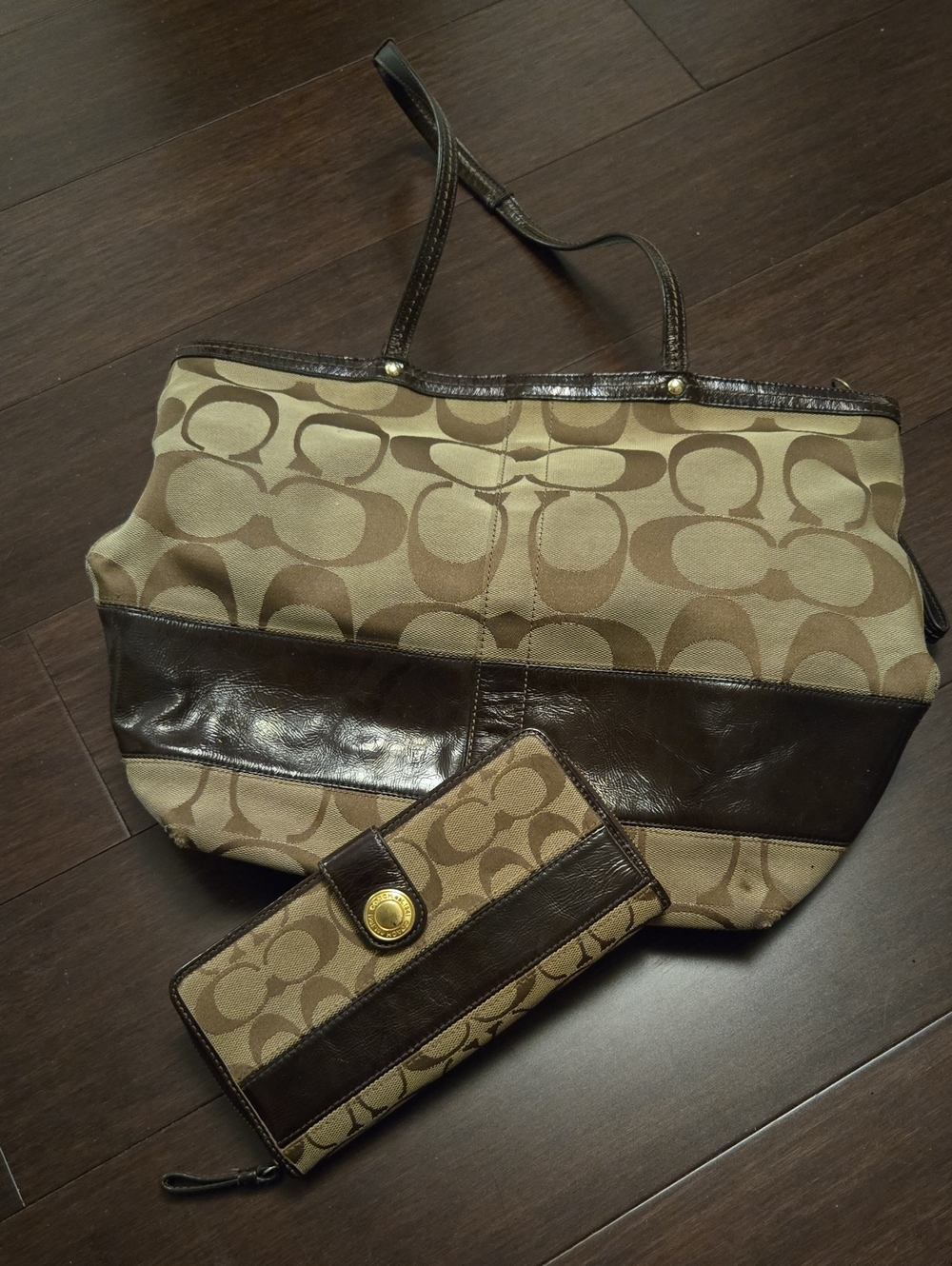 Coach Brown Signature Canvas & Leather Tote and Zip Wallet